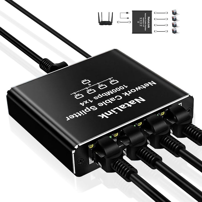 NataLink Ethernet Splitter 1 to 4 Network Cable Splitter 1000Mbps High Speed RJ45 Internet Splitter Adapter with USB Power Cable for Cat 5/5e/6/7/8 Cable - Image 1